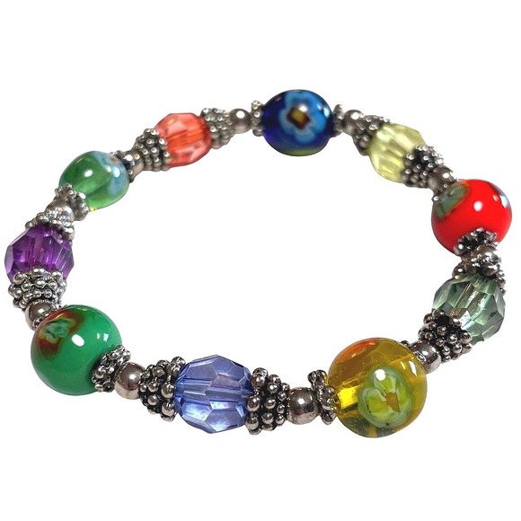 Beaded Stretch Bracelet One Size Multicolor Glass Lampwork Boho Style - Picture 12 of 14